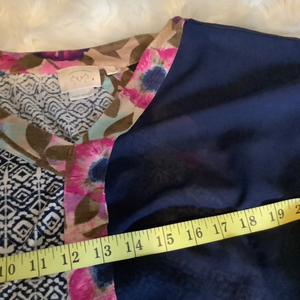 Vanessa Virginia Anthropologie Mixed Print Blouse Floral Ikat Asymmetric Navy S - Picture 9 of 15